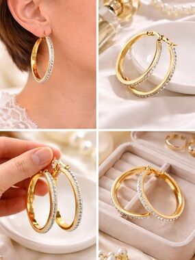 18k Gold Crystal Hoop Earrings for Women - Sparkling Gold Hoop Earrings